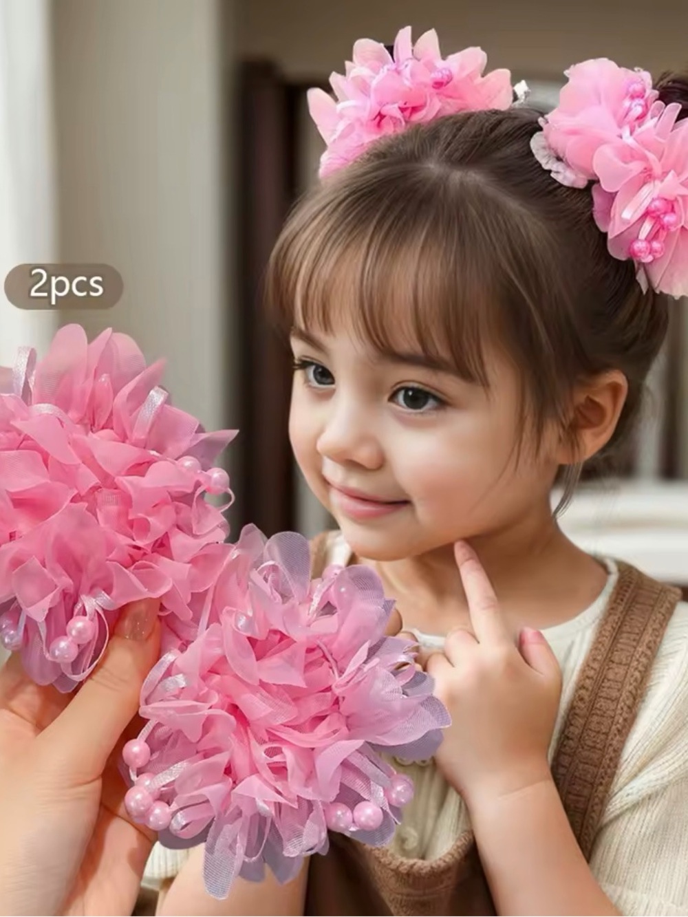 Cute Pink Floral Pom Hair Clips for Kids - 2 Pack